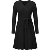 MODISHION Women's V Neck Knitted Long Sleeves A-line Dress in Black | Size: 2XL