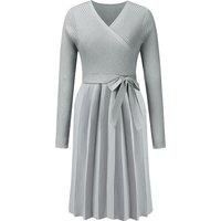 MODISHION Women's V Neck Knitted Long Sleeves A-line Dress in Light Grey | Size: Small
