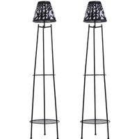 2 Pack Black Solar Plant Stands with Lights - Double Tier Metal Flower Pot Holder for Balcony & Garden - Weatherproof