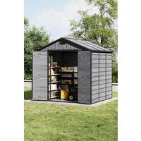 8 x 6FT Outdoor Plastic Garden Tool Shed - Waterproof Apex Roof, Lockable Door,Ventilation Window & Vents,Wood Grain Effect (Grey)
