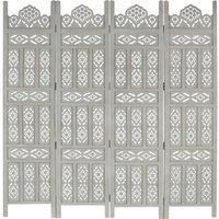 Hand carved 4-Panel Room Divider Grey 160x165 cm Solid Mango Wood