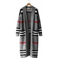 Black Women's Long Striped Loose Knit Cardigan - Trendy & Versatile Style