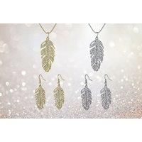 Feather Design Necklace & Earrings Set - Gold Or Silver