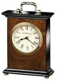 Howard Miller Berkeley Table Clock 645-577 – Walnut Piano Finish with Burl Pattern, Black Roman Numerals, Polished Brass Handle, Battery-Operated Quartz Movement