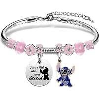 Adjustable Stainless Steel 'Just A Girl Who Loves Stitch' Charm Bracelet - Pink Or Blue