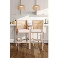 2 Pcs Beige Rattan Bar Stools with Backrest
