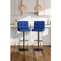 2 Pcs Blue Velvet Grid Upholstery Bar Stools with Low Backrest