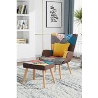 Patchwork Tufted Wingback Armchair with Cushion and Footstool