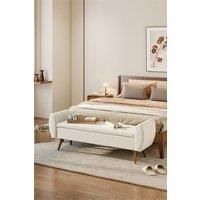 2-Seat Linen Upholstered Storage Bench with Side Arms and Walnut Colored Legs