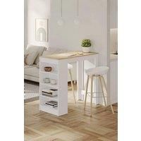Wooden Bar Table with Open Shelves and White Table Base