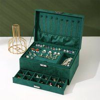 H&O Direct 3-Layer Jewelry Organizer Box Velvet Display Storage Case in Green