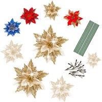 Set Of 10 Christmas Tree Flower Decorations In 4 Colours - Blue