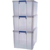 BANKERS BOX Plastic Storage Boxes with Lids, Pack of 3, 2 x 70 Litre + 1 x 85 Litre. ProStore Strong Stackable Plastic Storage Boxes, Made in the UK, Clear
