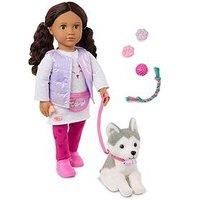 Our Generation – 18-inch Doll & Pet Puppy Set – Lifelike Dark-Brown Eyes & Wavy Dark-Brown Hair – Husky Dog Plush Stuffed Animal & Accessories – Pretend Play – Estella & Evi