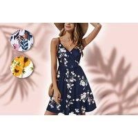 Women'S V-Neck Floral Spaghetti Strap Summer Dress - Black