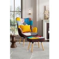 Patchwork Upholstered Wingback Armchair with Footrest and Cushion