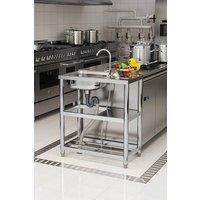 Stainless Steel One Compartment Kitchen Sink with Drainboard and Shelves