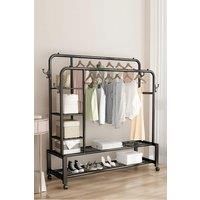 Metal Double-Rod Clothes Rack with Shelves and Wheels