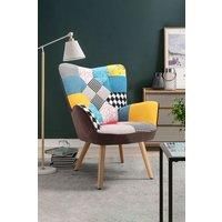 Patchwork Tufted Button Linen Accent Chair with Wooden Legs