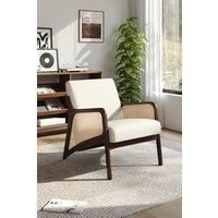 Beige Backrest Corduroy Upholstered Armchair with Rattan Armrest