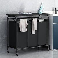Bathroom 3-Section Hamper Triple Bag Rolling Laundry Sorter With Lift-Up Ironing Board