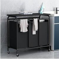 Bathroom Hamper Triple Bag Rolling Laundry Sorter With Lift-Up Ironing Board