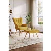 Yellow Linen Upholstered Armchair with Footstool
