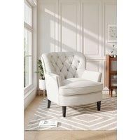 Classic Buttoned Back Linen Armchair with Wooden Legs