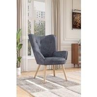 Grey Buttoned Linen Armchair with Wooden Legs