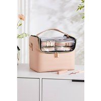 Pink Portable Makeup Train Case with 4 Clear Bags and Adjustable Dividers