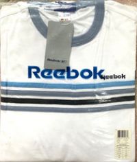 BNWT REEBOK White T-Shirt Top Size S. Blue,grey,black stripes. New in Packaging