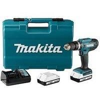 Makita HP488DAEX1 18V G-Series Combi Drill Complete with 2 x 2.0 Ah Batteries, Charger and 74 Piece Bit Set Supplied in a Carry Case, White, Grey