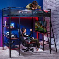 X Rocker High Sleeper Gaming Bed Metal Single 3ft Bunk Desk Shelves Fortress