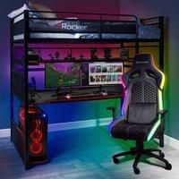 X-Rocker BattleBunk Gaming Bunk Bed, Modern High Sleeper with Desk, Shelves and Ladder, Single 3ft Frame, Metal Kids Loft Bed with Gaming Computer Desk, Single Mattress Set Included - Black
