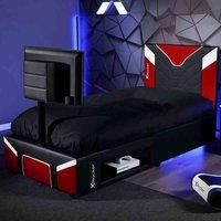 X-Rocker Cerberus Twist Gaming Bed with Rotating TV Mount, Storage and Cable Management, Single 3ft Low Sleeper Bedstead, Faux Leather Upholstery, Ideal for Kids Bedroom, 32" TV Supported - Red