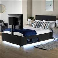 AVA Upholstered Leather TV Bed Frame Storage LED Lights 3ft 4ft 4ft6 5ft BLACK