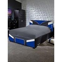 X-Rocker Cerberus Gaming Bed, 4ft Small Double Bedstead Frame, Wooden Slats, PU Faux Leather Upholstered Headboard, Low Footboard, Ideal for Teens, Kids, Children, Gaming Inspired Blue Black 120x190cm