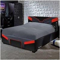 X-Rocker Cerberus Gaming Bed, 4ft Small Double Bedstead Frame, Wooden Slats, PU Faux Leather Upholstered Headboard, Low Footboard, Ideal for Teens, Kids, Children, Gaming Inspired Red Black 120x190cm