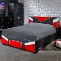 X-Rocker Cerberus MKII Ottoman Gas Lift Upholstered Platform Bed Frame with Storage, Ottoman Gaming Bed with Hydraulic Lifting Under Bed Storage for Kids Juniors Gamers, Double 4ft6 - RED BLACK WHITE