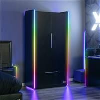 X-Rocker Electra LED Black 2 Door Wardrobe, Black Shelf and Hanging Rail Bedroom Storage Furniture with Integrated Handles and Metal Runners, App Controlled RGB LED Lighting Strip for Ambient Lighting