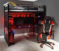 X-Rocker Battlebunk Bunk Bed with Desk, High Sleeper with Desk, Single Loft Bed with Open Shelves, Ladder with Metal Frame Gaming Bed for Kids Teenagers with Gaming Computer Desk, Single 3ft - BLACK
