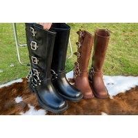 Unisex Brown Women'S Chunky Knee-High Buckle Boots - Faux Leather, Retro Moto Style, Winter Comfort