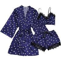 Women'S 3-Piece Ice Silk Hearts Print Pyjama Set - 6 Sizes & 3 Colours