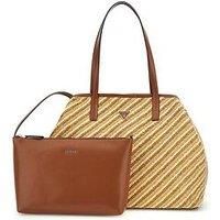 GUESS Vikky II Raffia Shopper Bag with Diagonal Stripes, Double Handle, Natural/Cognac, 39.5 x 31.5 x 18 cm, Natural/Cognac, Grande