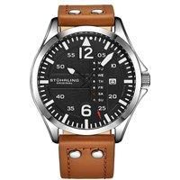 Stuhrling Original Mens Analog Sport Aviator Watch, Quick-Set Day-Date, Casual Leather Strap