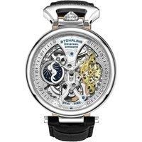 Stührling Original Mens Skeleton Watch Dial Automatic Watch with Calfskin Leather Band and - Dual Time, AM/PM Sun Moon (Silver)