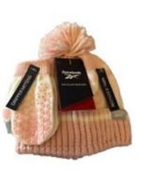 Reebok Pink & Cream Striped Bobble Hat & Mittens Set ~ Knitted Age 12-24 Months