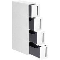 SONGMICS Storage Tower on Wheels, Narrow Kitchen Column, Plastic Shelf with 4 Levels, Space Saving, 45 x 17 x 84 cm, White and Grey KFR008G01
