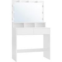 VASAGLE Dressing Table, Vanity Table with Large Mirror, LED Lights with Adjustable Brightness, 2 Drawers and 3 Compartments, Modern Makeup Table, White RDT195T14