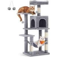 Feandrea Cat Tree, 112 cm Cat Tower for Indoor Cats, Multi-Level Plush Cat Condo with 4 Scratching Posts, 2 Perches, Cave, Hammock, Pompoms, Light Grey PCT261£01